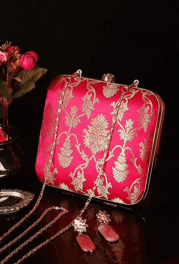 Fuschia Brocade Box Clutch with Sling (6.5 X 2 X 6)